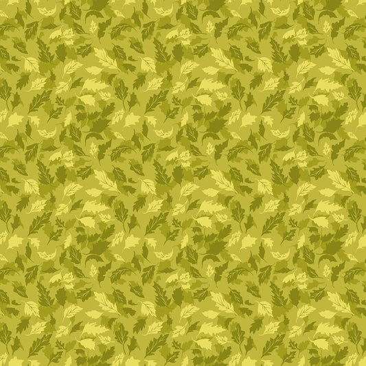 Fabric with a green background and tonal leaf pattern. From Summers End line by Alison Janssen for FIGO Fabrics. 100% cotton for sewing, crafting, and quilting. 