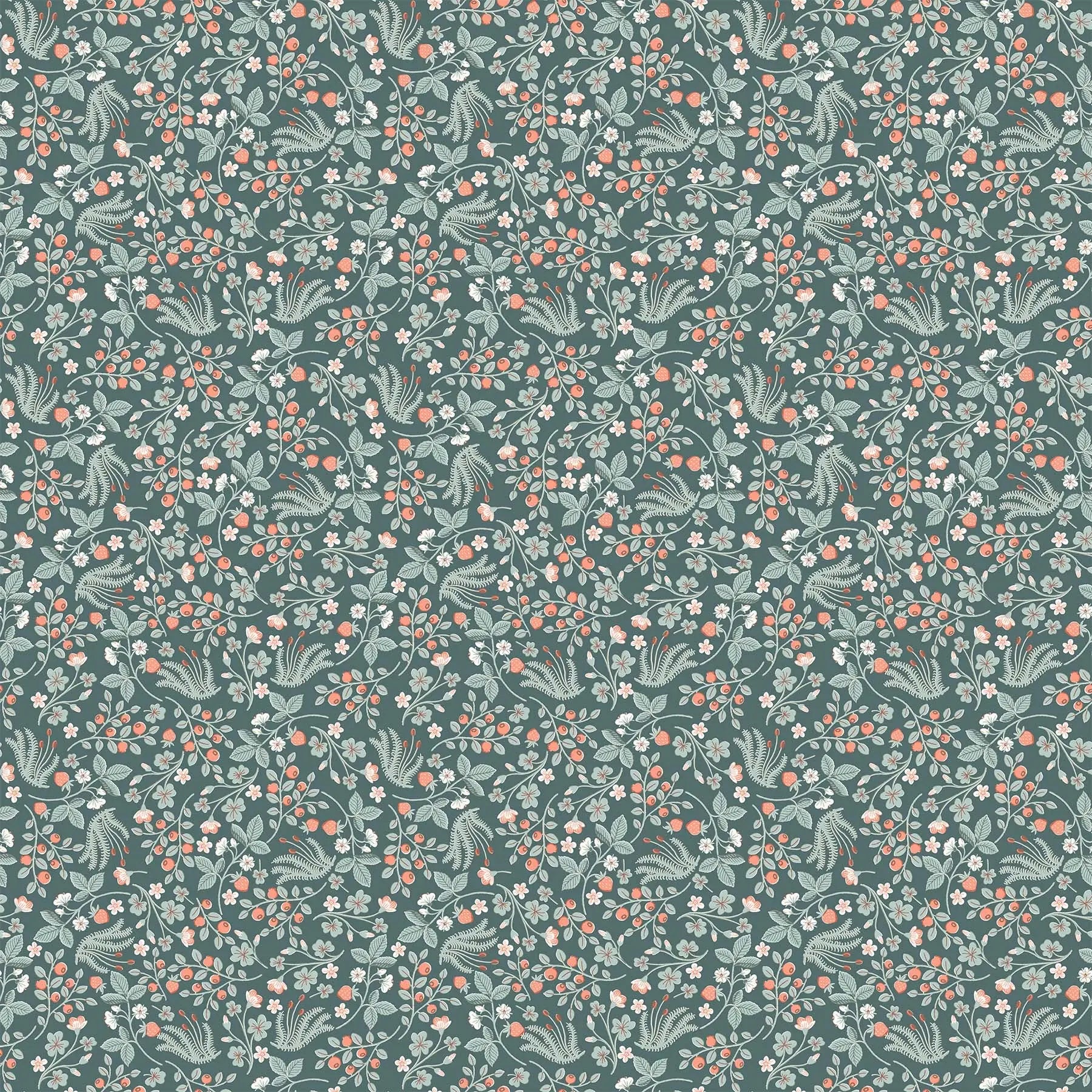 Fabric with a green background and multicolored berry illustrations. "Festive Fauna" line from Figo Fabrics. 100% Premium Cotton for sewing and crafting. 