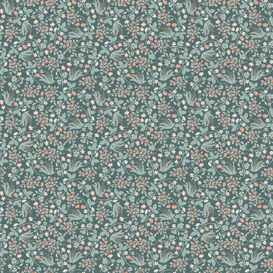 Fabric with a green background and multicolored berry illustrations. "Festive Fauna" line from Figo Fabrics. 100% Premium Cotton for sewing and crafting. 