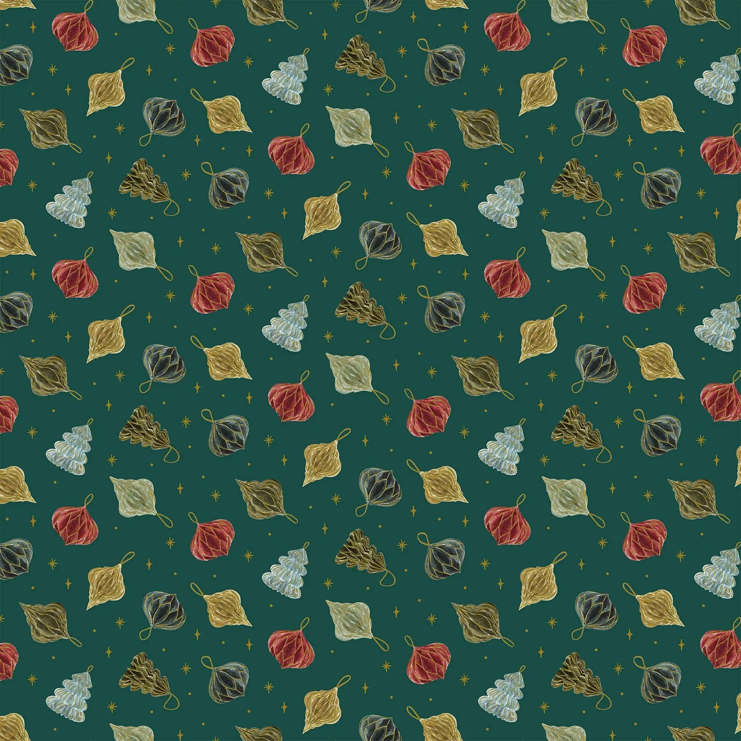 Fabric with a green background and ornaments illustrations. Christmas fabric bundle 11 Piece Fat Quarters, Noel by Figo Fabrics. 100% cotton for sewing and crafting. 