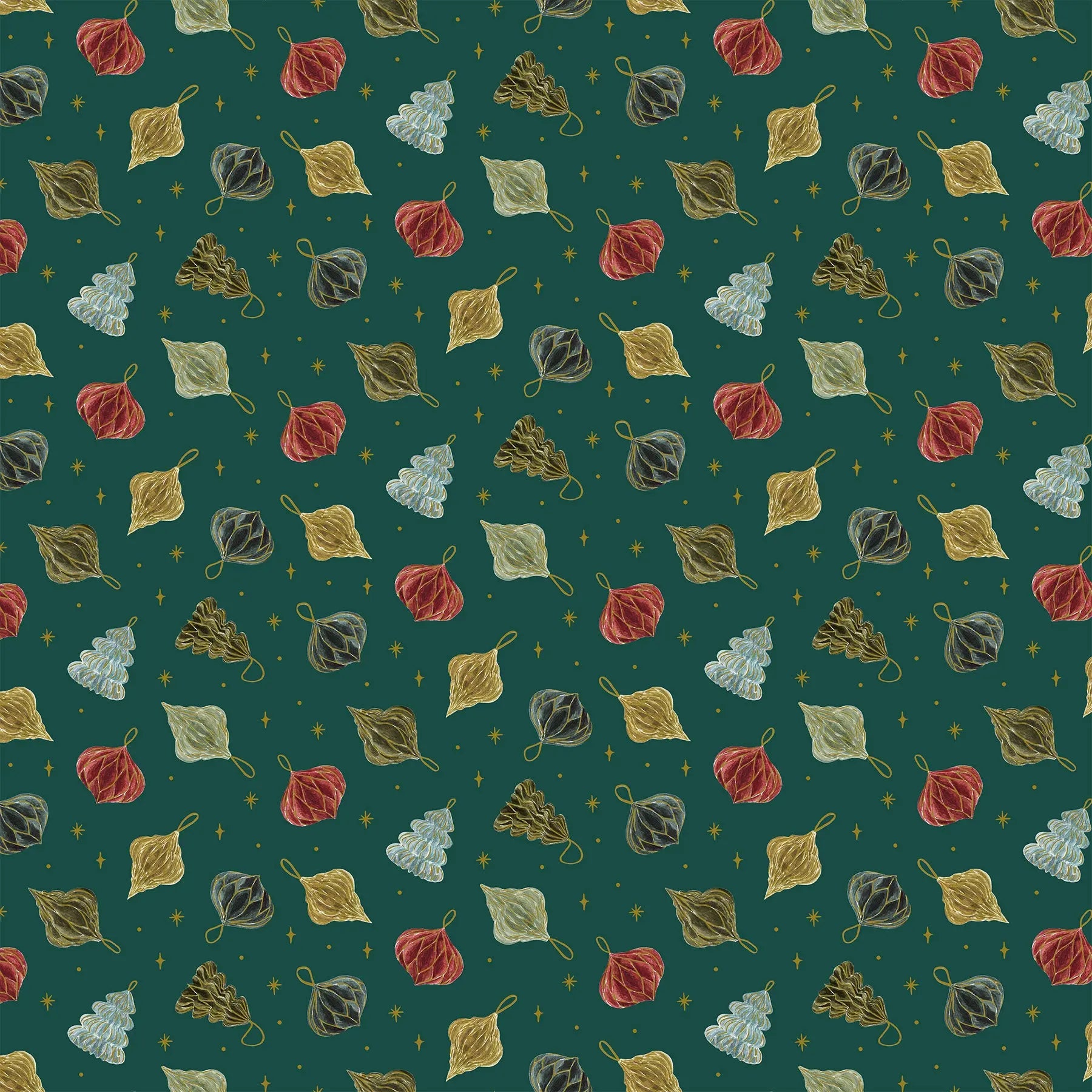 Fabric with a green background and ornaments illustrations. Christmas fabric bundle 11 Piece Fat Quarters, Noel by Figo Fabrics. 100% cotton for sewing and crafting. 