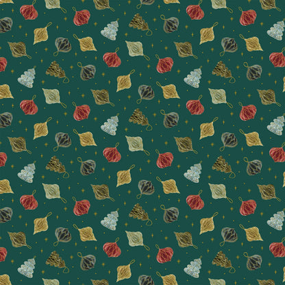 Fabric with a green background and ornaments illustrations. Christmas fabric bundle 11 Piece Fat Quarters, Noel by Figo Fabrics. 100% cotton for sewing and crafting. 