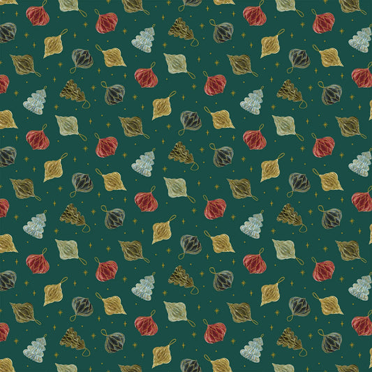 Fabric with a green background and ornaments illustrations. Christmas fabric bundle 11 Piece Fat Quarters, Noel by Figo Fabrics. 100% cotton for sewing and crafting. 