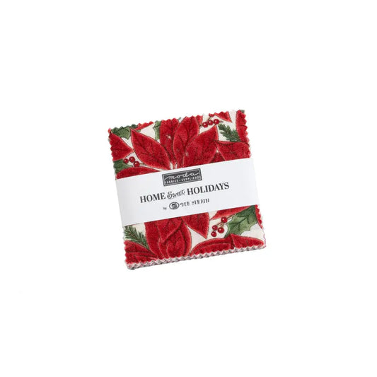 Home Sweet Holidays bundle of 42 - 5" premium cotton charm squares with a red and green Christmas-themed pattern.