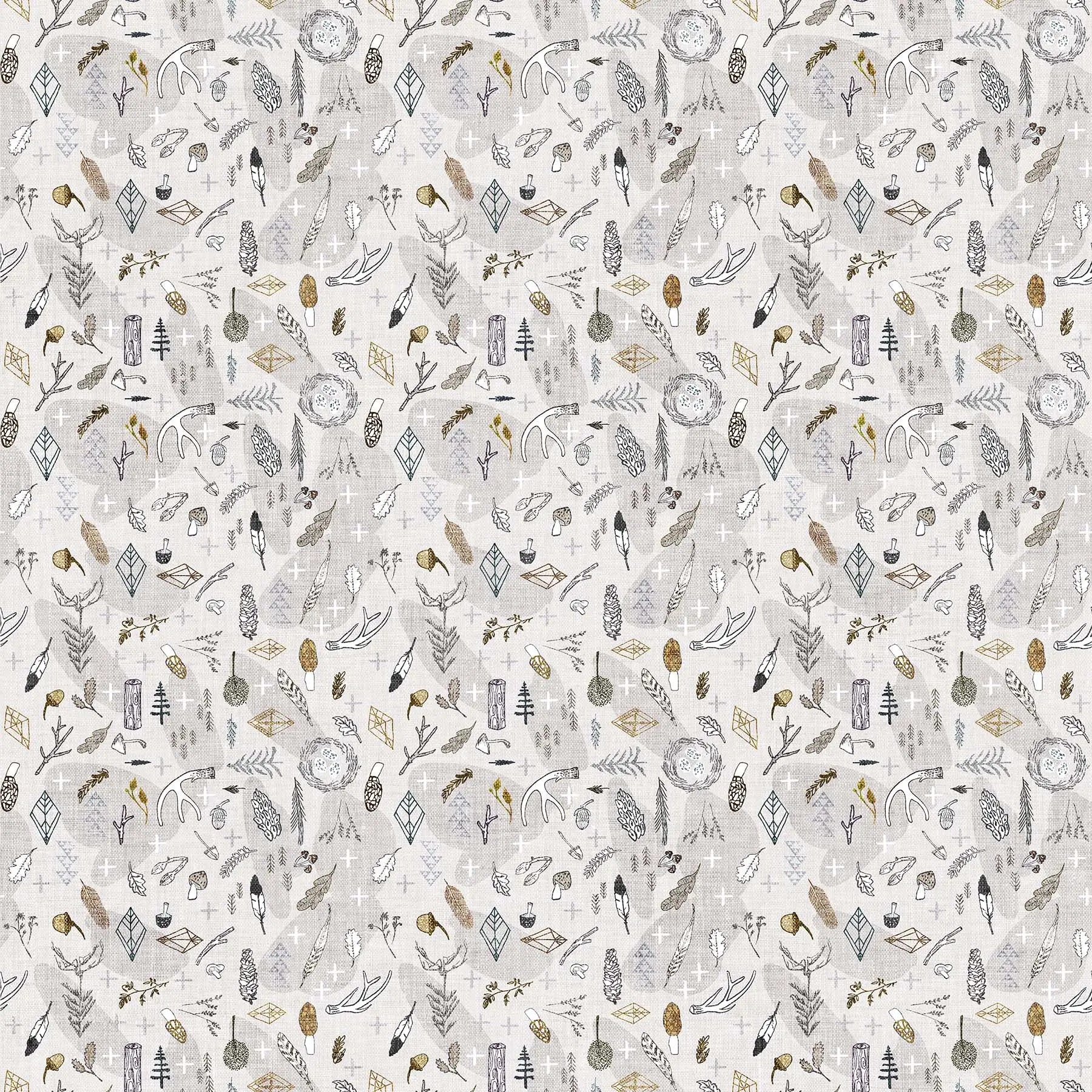 Fabric with a light background and various forest themed illustrations. Esther Fallon Lau for Figo Fabrics. 100% Cotton for sewing and crafting.  