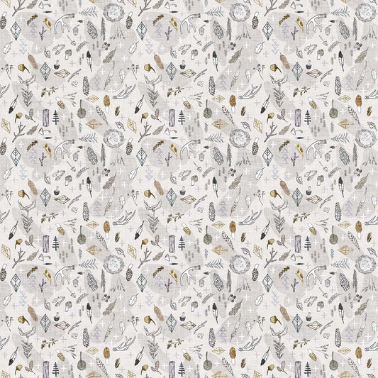 Fabric with a light background and various forest themed illustrations. Esther Fallon Lau for Figo Fabrics. 100% Cotton for sewing and crafting.  