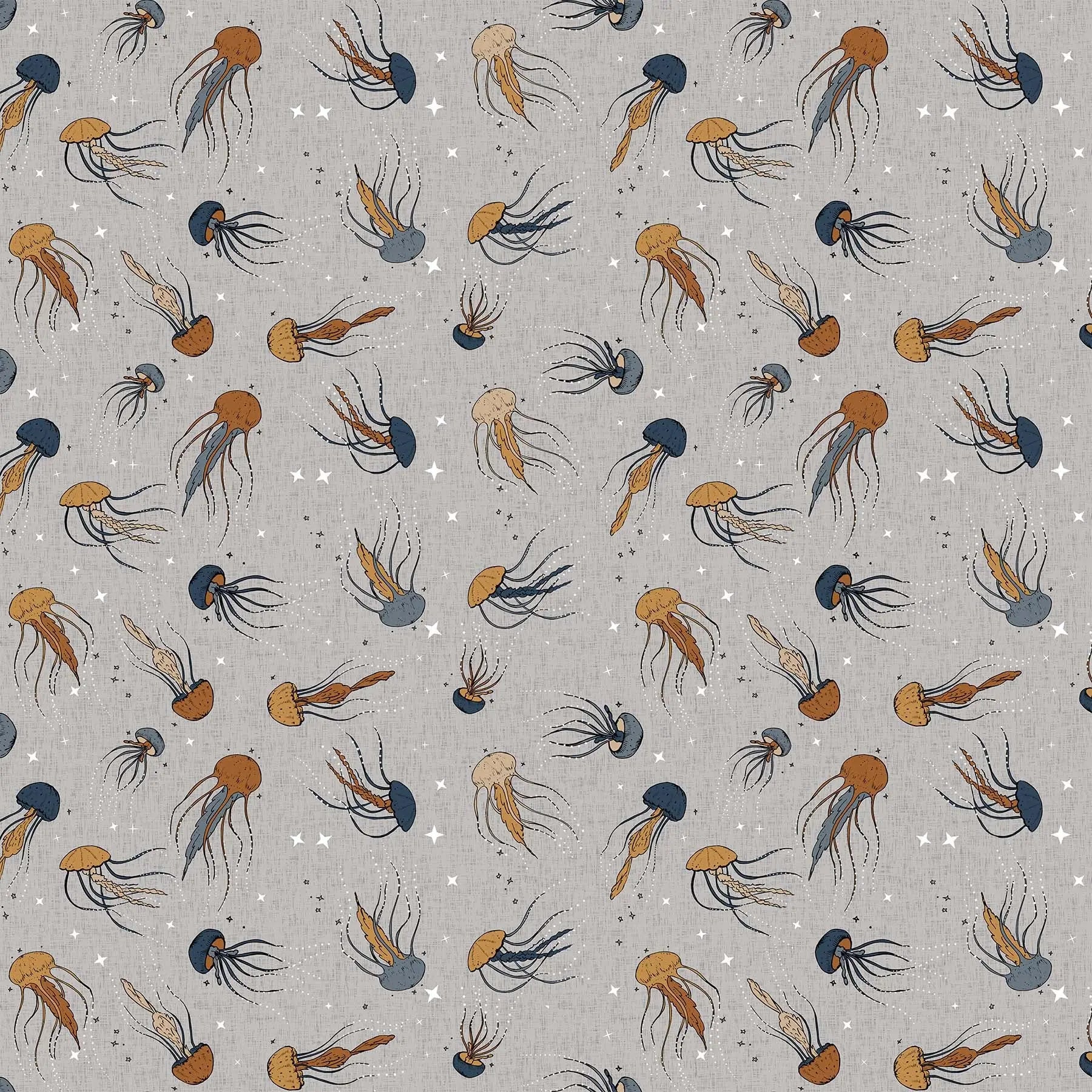 Fabric with a gray background and squid and jellyfish illustrations. From Calm Waters by FIGO Fabrics. 100% Cotton for quilting, sewing, and crafting.