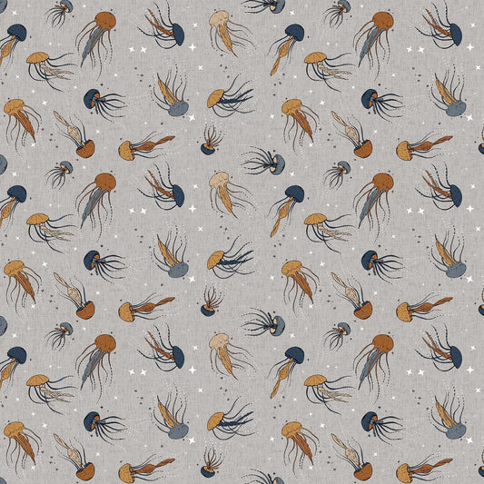 Fabric with a gray background and squid and jellyfish illustrations. From Calm Waters by FIGO Fabrics. 100% Cotton for quilting, sewing, and crafting.