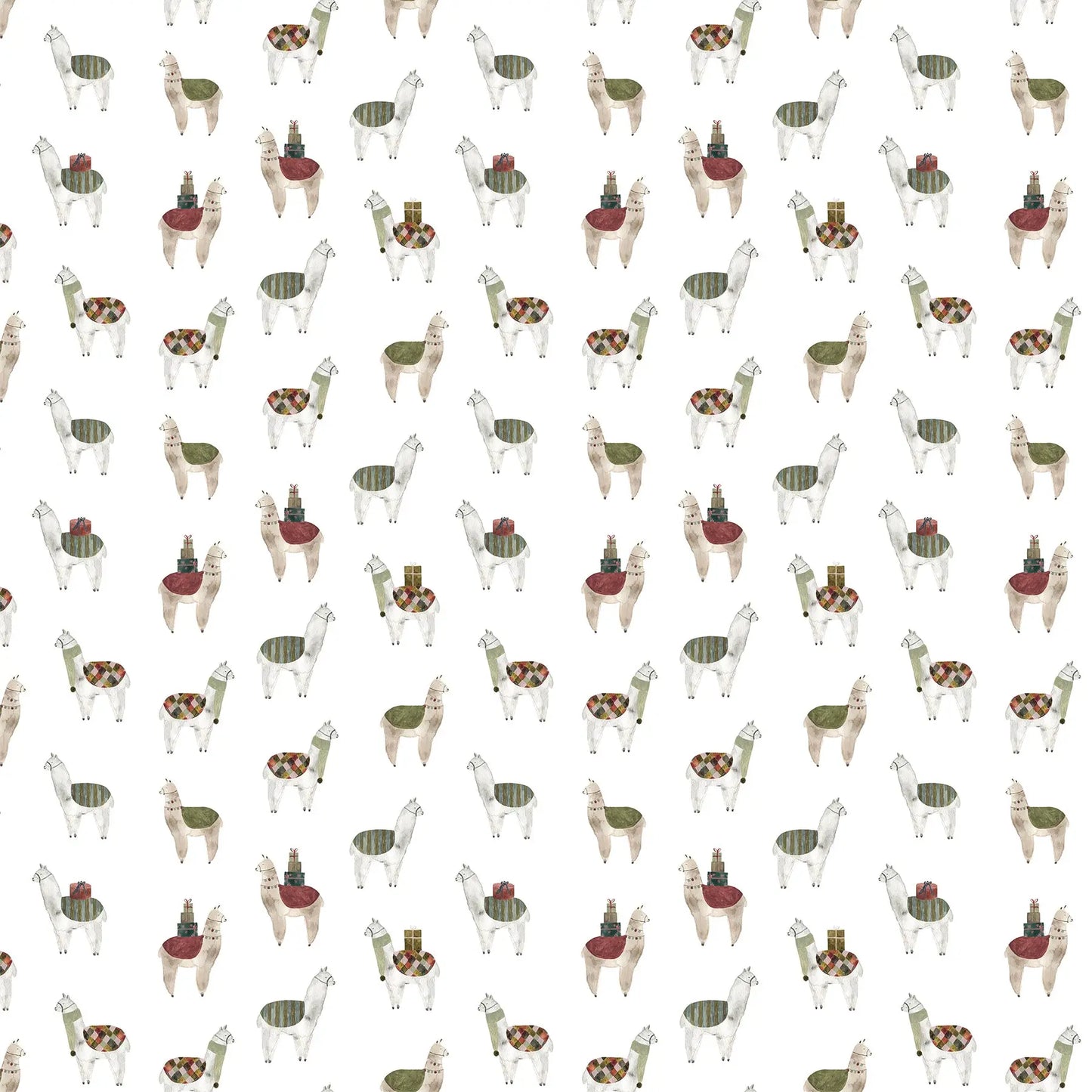 Fabric with a white background and llama illustrations. Christmas fabric bundle 11 Piece Fat Quarters, Noel by Figo Fabrics. 100% cotton for sewing and crafting. 