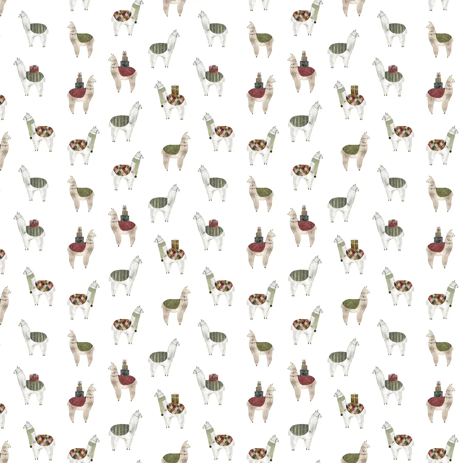 Fabric with a white background and llama illustrations. Christmas fabric bundle 11 Piece Fat Quarters, Noel by Figo Fabrics. 100% cotton for sewing and crafting. 