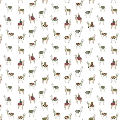 Fabric with a white background and llama illustrations. Christmas fabric bundle 11 Piece Fat Quarters, Noel by Figo Fabrics. 100% cotton for sewing and crafting. 