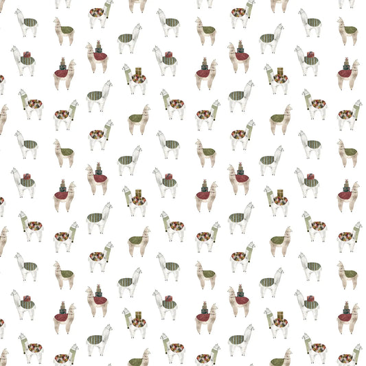 Fabric with a white background and llama illustrations. Christmas fabric bundle 11 Piece Fat Quarters, Noel by Figo Fabrics. 100% cotton for sewing and crafting. 