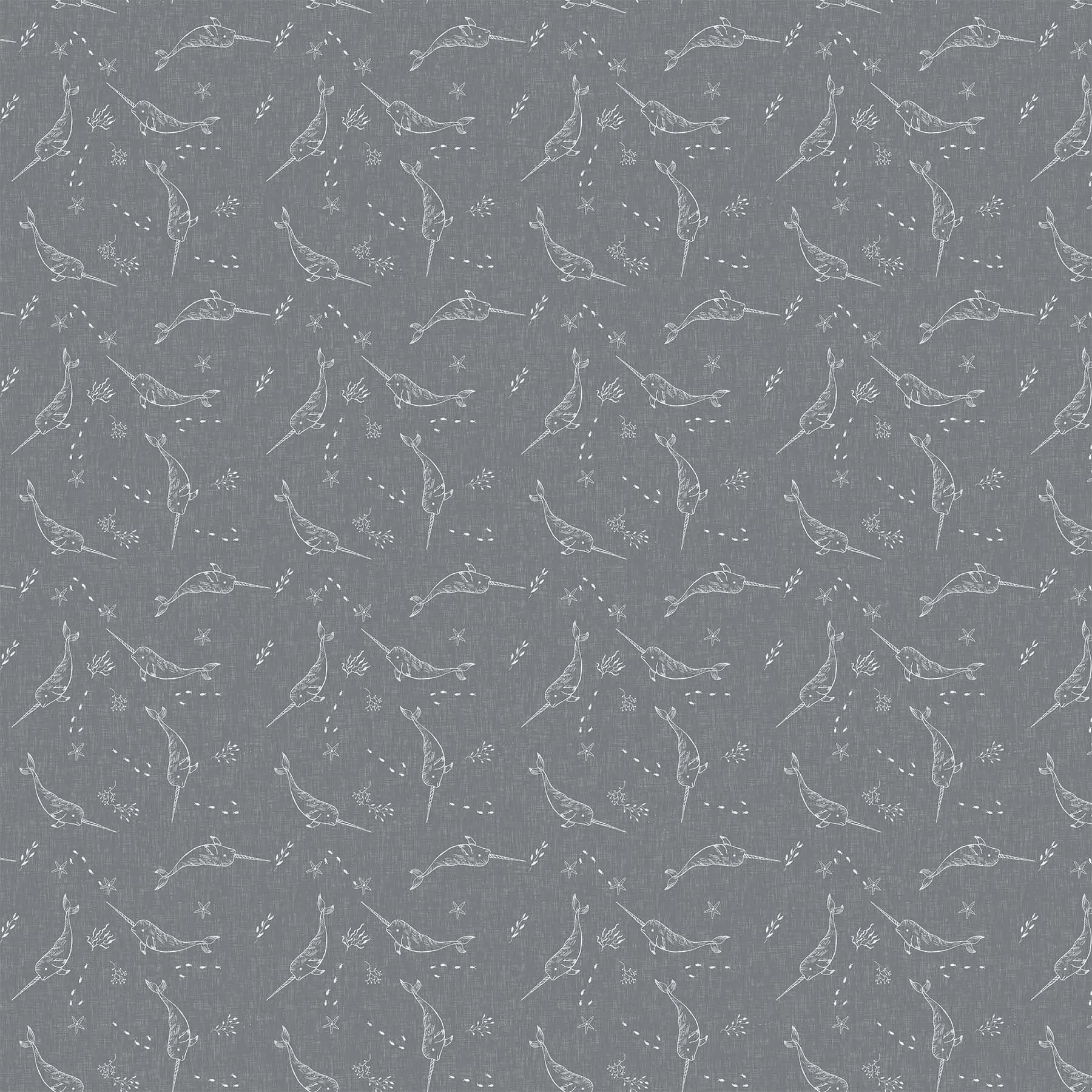 Fabric with a gray background and narwal illustrations. From Calm Waters by FIGO Fabrics. 100% Cotton for quilting, sewing, and crafting.
