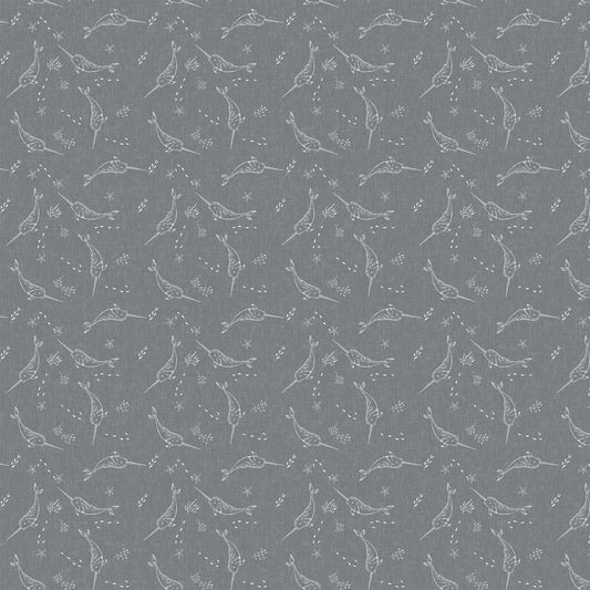 Fabric with a gray background and narwal illustrations. From Calm Waters by FIGO Fabrics. 100% Cotton for quilting, sewing, and crafting.