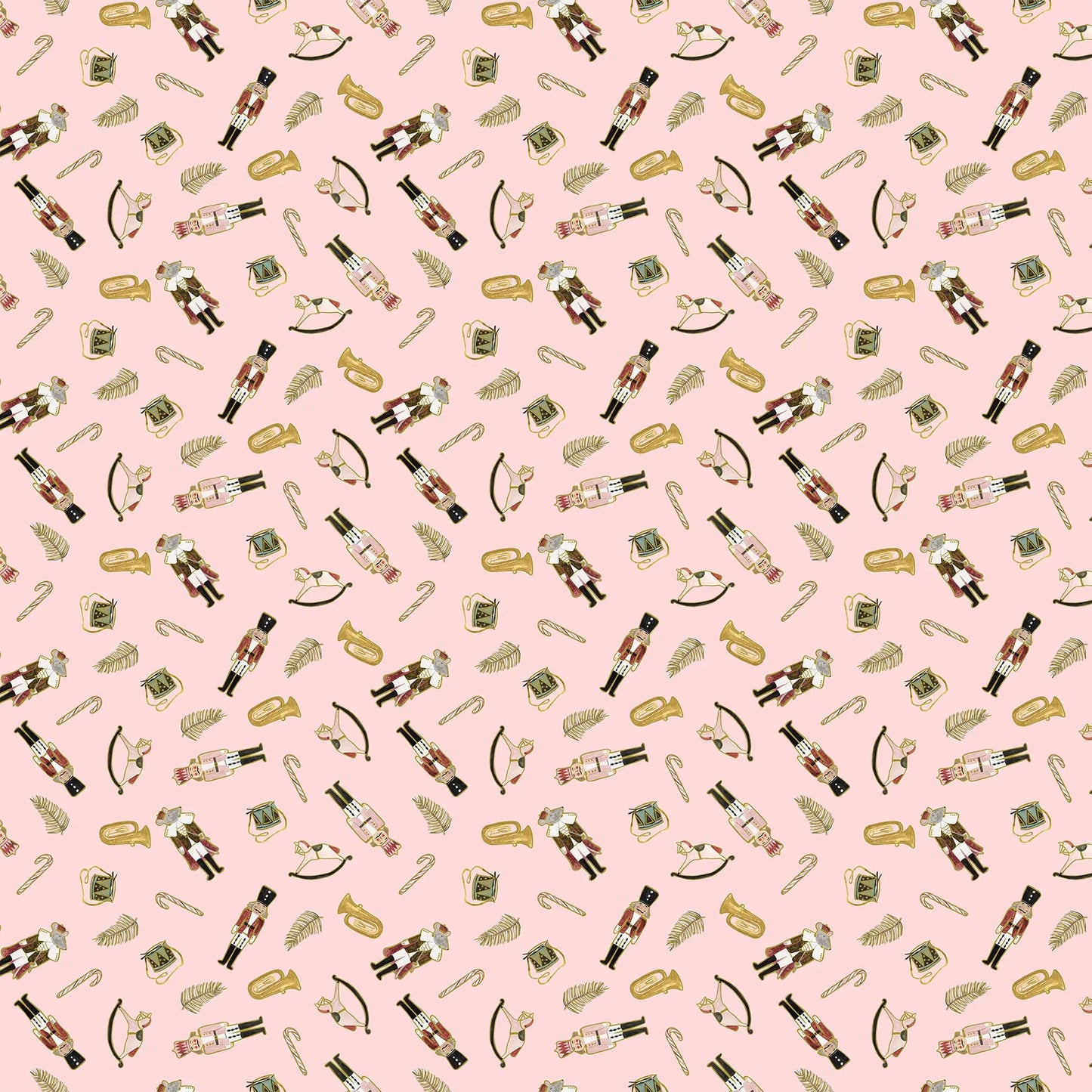 Fabric with a pink background and nutcracker illustrations. Christmas fabric bundle 11 Piece Fat Quarters, Noel by Figo Fabrics. 100% cotton for sewing and crafting. 