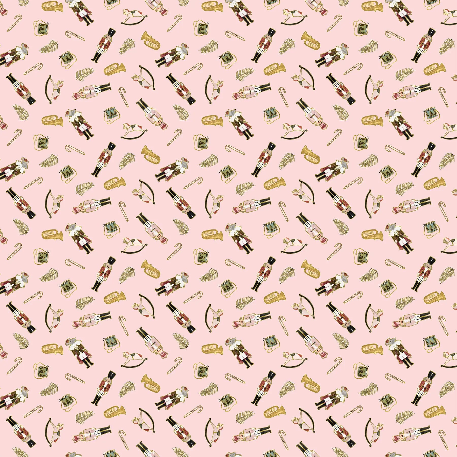 Fabric with a pink background and nutcracker illustrations. Christmas fabric bundle 11 Piece Fat Quarters, Noel by Figo Fabrics. 100% cotton for sewing and crafting. 