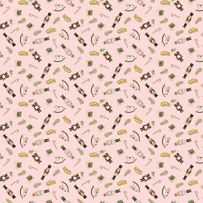 Fabric with a pink background and nutcracker illustrations. Christmas fabric bundle 11 Piece Fat Quarters, Noel by Figo Fabrics. 100% cotton for sewing and crafting. 