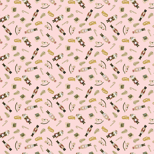 Fabric with a pink background and nutcracker illustrations. Christmas fabric bundle 11 Piece Fat Quarters, Noel by Figo Fabrics. 100% cotton for sewing and crafting. 