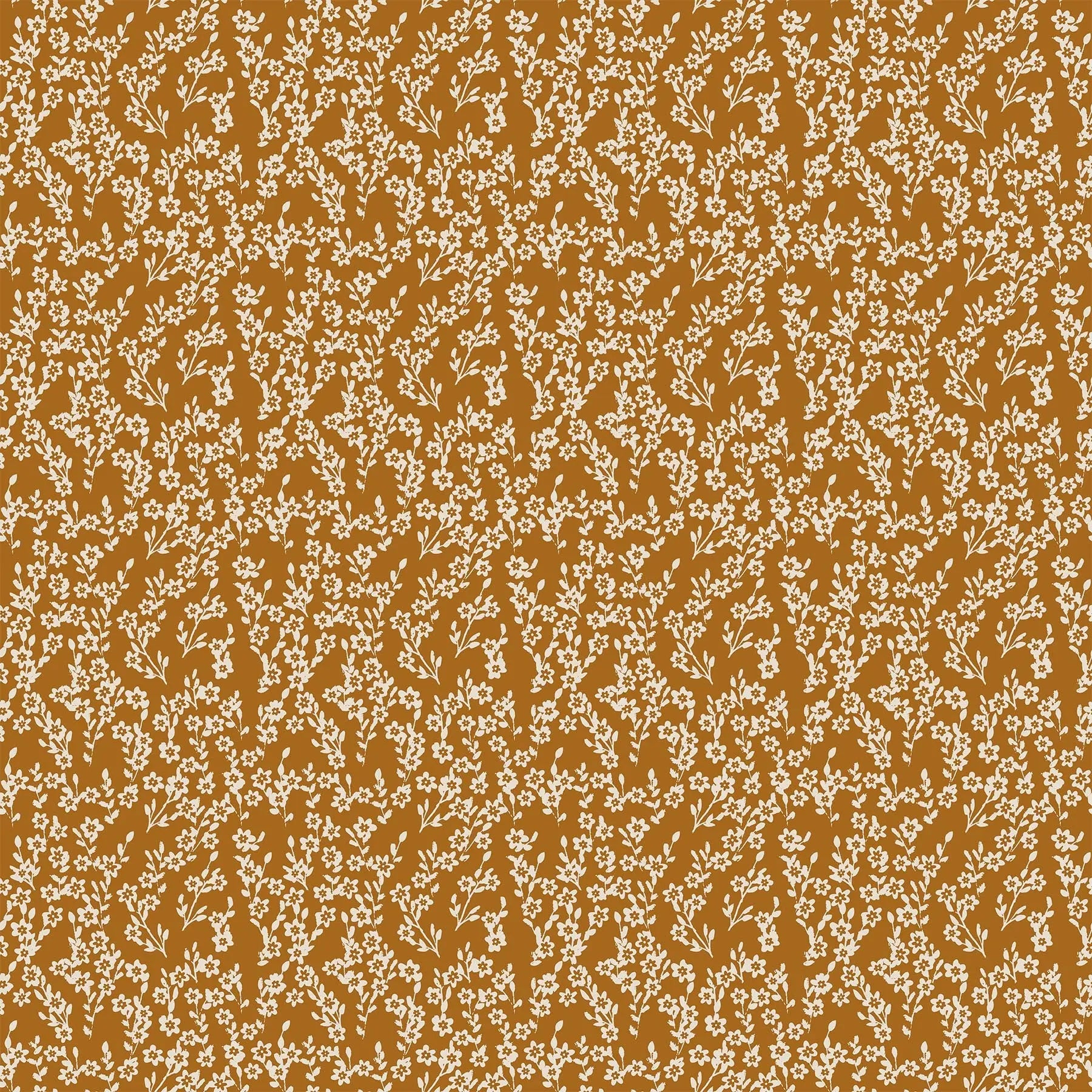 A fabric with an orange background and small white flower bunch pattern. From wild cottage collection figo fabrics fat quarter bundle.