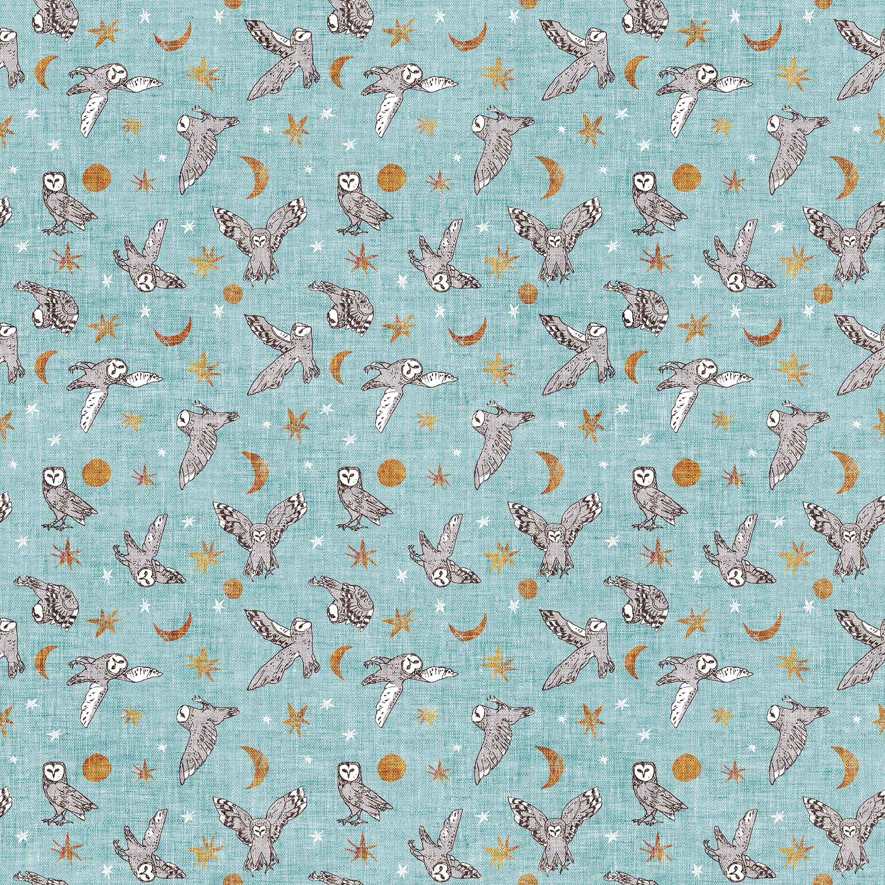 Fabric with a blue background and owl illustrations. Esther Fallon Lau for Figo Fabrics. 100% Cotton for sewing and crafting.  