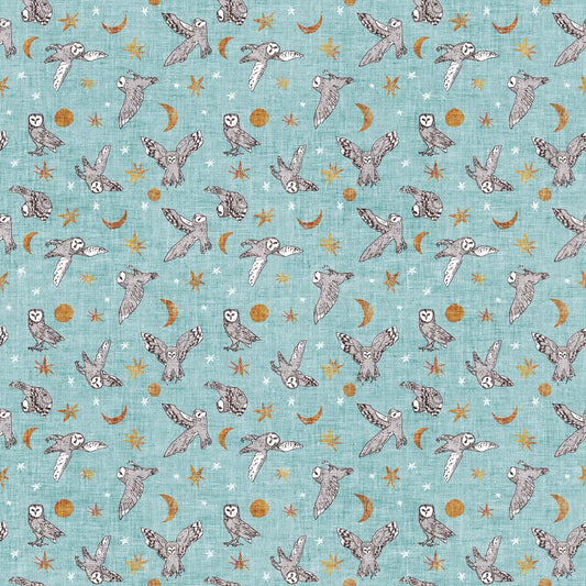 Fabric with a blue background and owl illustrations. Esther Fallon Lau for Figo Fabrics. 100% Cotton for sewing and crafting.  