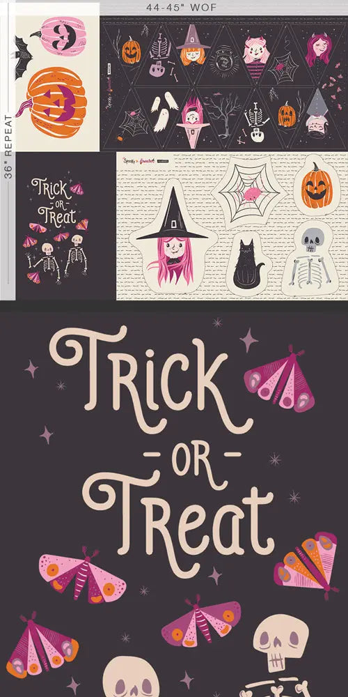 Fabric panel with witches and pumpkin illustrations. From Art Gallery Fabrics Spooky and Sweeter. 100% cotton for sewing and crafting.  