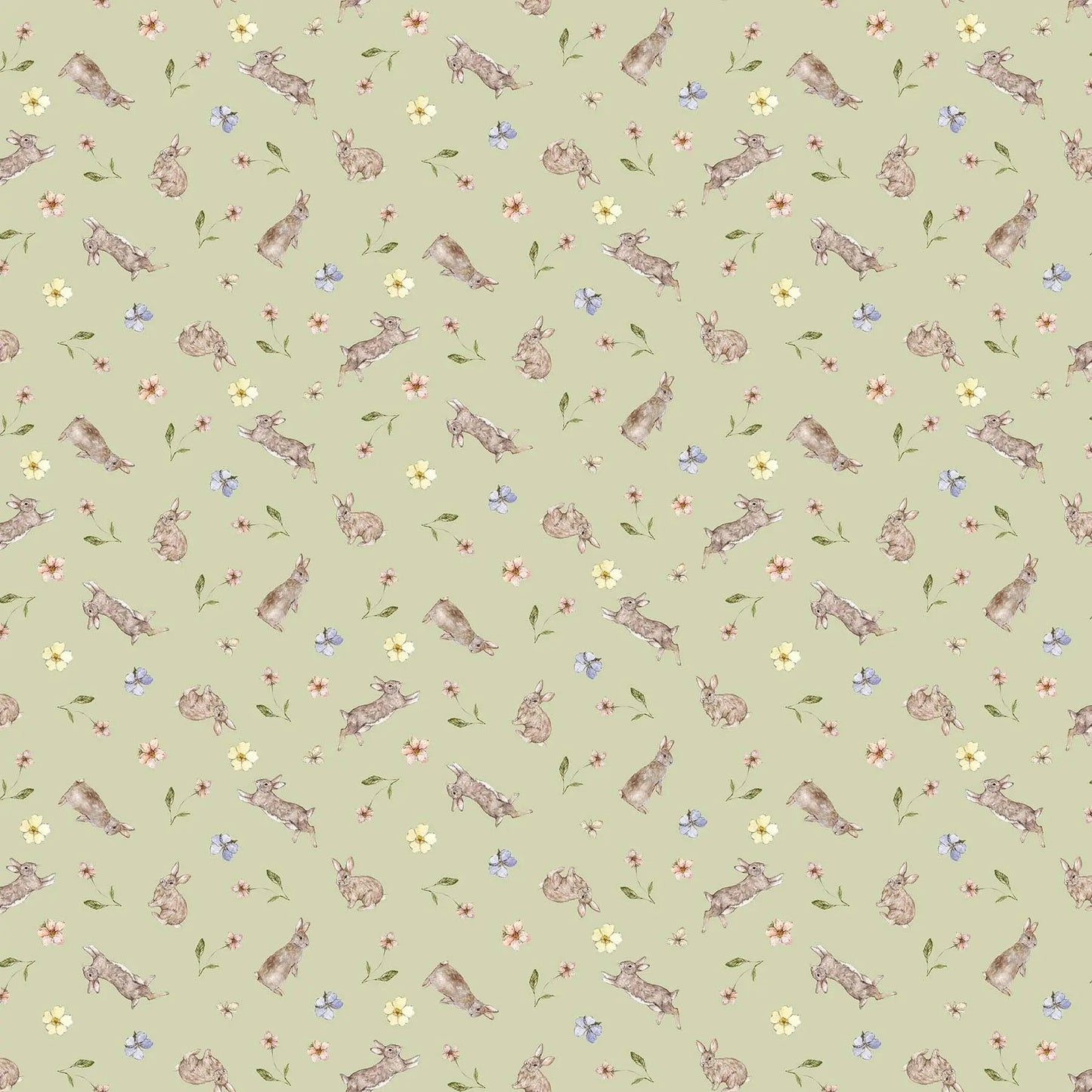 A fabric with a pistachio background featuring a rabbit and flower illustrations. From Heavenly Hedgerow Figo Fabrics 100% cotton for sewing and crafting. 