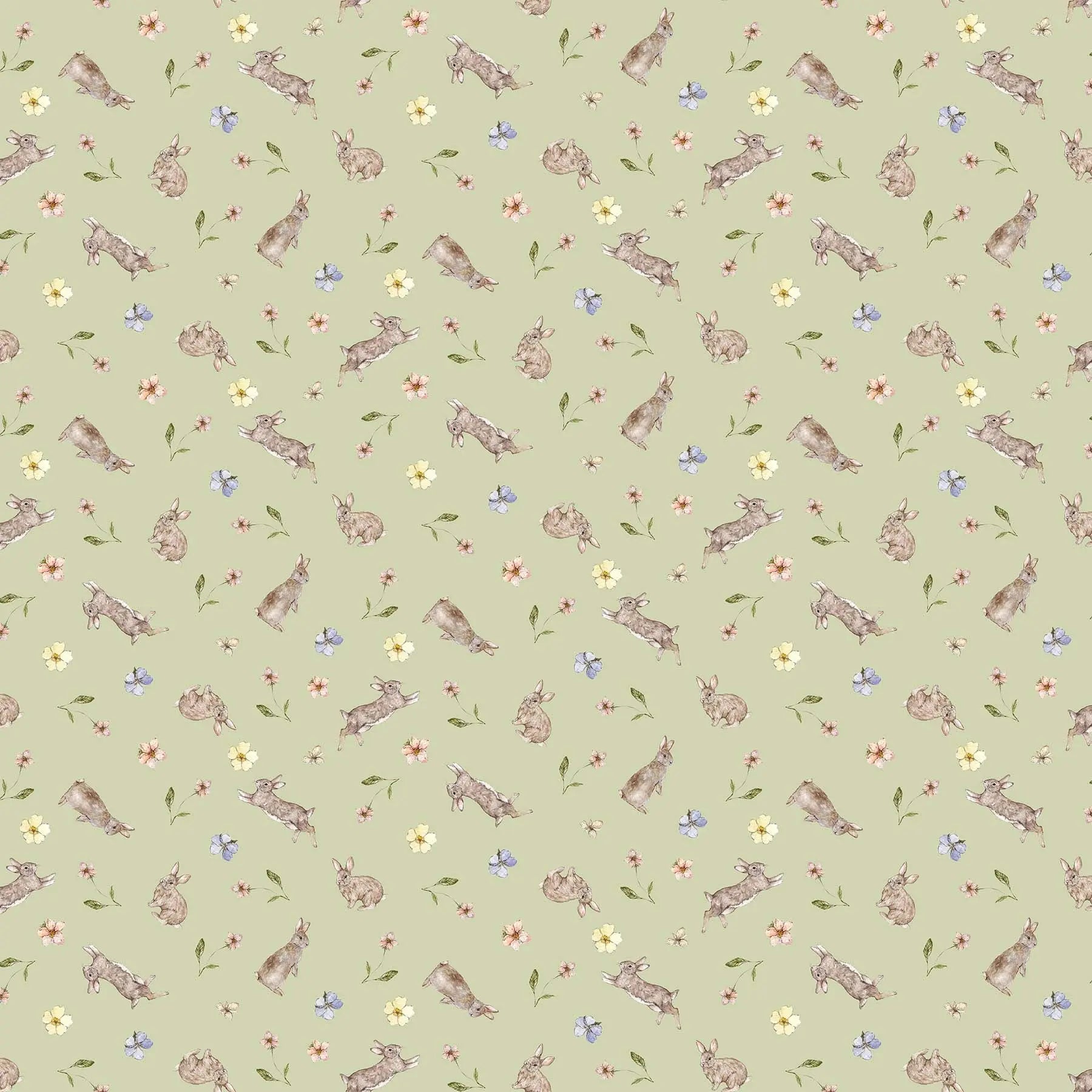 A fabric with a pistachio background featuring a rabbit and flower illustrations. From Heavenly Hedgerow Figo Fabrics 100% cotton for sewing and crafting. 