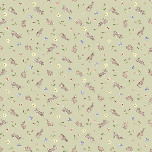A fabric with a pistachio background featuring a rabbit and flower illustrations. From Heavenly Hedgerow Figo Fabrics 100% cotton for sewing and crafting. 
