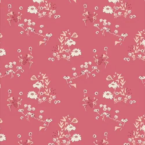 Fabric with a pink background and small white flower illustrations. From "Bookish" from Sharon Holland for Art Gallery Fabrics. 100% premium cotton for sewing and crafting. 