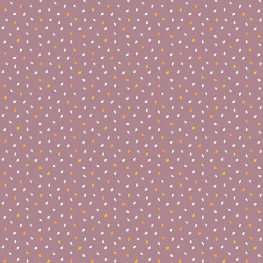 Fabric with a purple background and small ditsy leaf pattern. From Summers End line by Alison Janssen for FIGO Fabrics. 100% cotton for sewing, crafting, and quilting. 