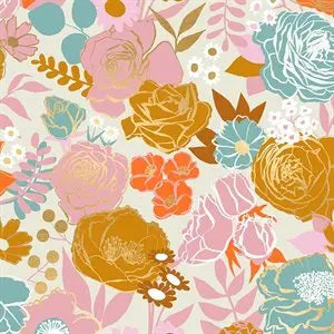 Fabric with a light background and large flower illustrations. From Rise by Ruby Star Society. 100% Cotton for crafting and sewing. 