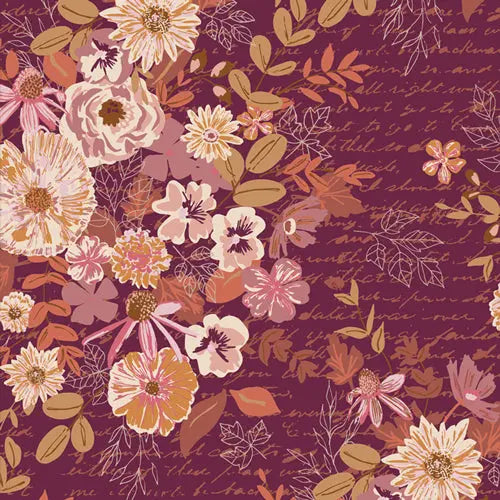 Fabric with a burgundy background and flower and script illustrations. From Art Gallery Fabrics. 100% premium rayon fabric for sewing.