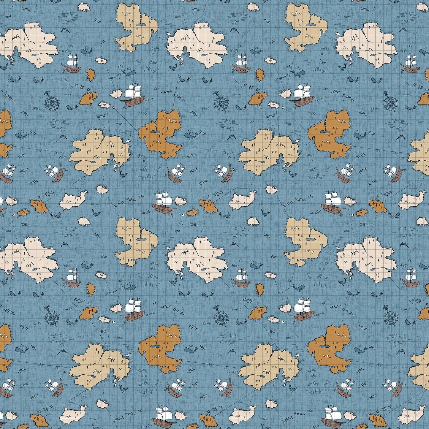 Fabric with a blue background and map and ship illustrations. From Calm Waters by FIGO Fabrics. 100% Cotton for quilting, sewing, and crafting.