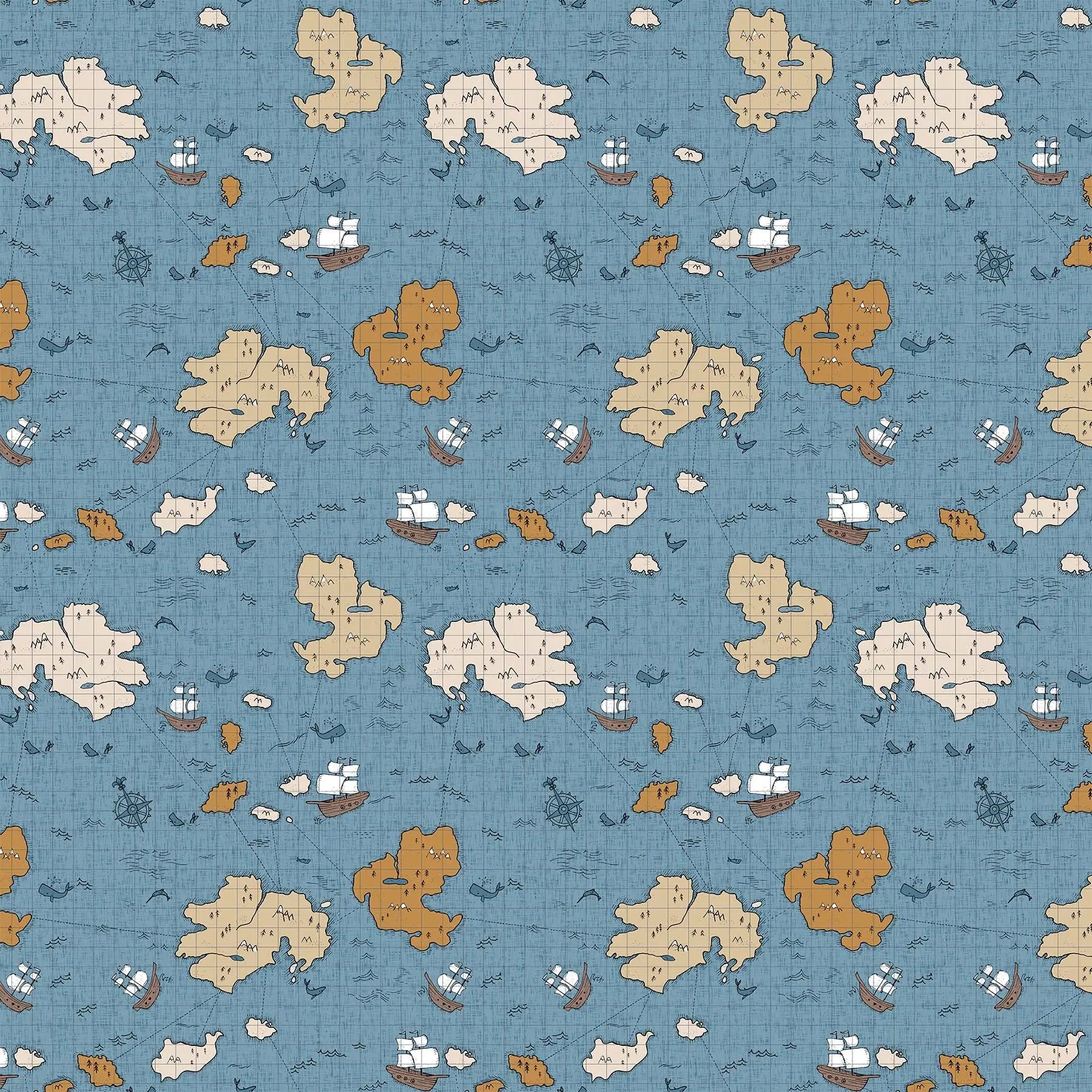 Fabric with a blue background and map and ship illustrations. From Calm Waters by FIGO Fabrics. 100% Cotton for quilting, sewing, and crafting.