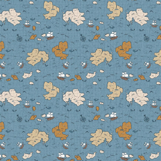 Fabric with a blue background and map and ship illustrations. From Calm Waters by FIGO Fabrics. 100% Cotton for quilting, sewing, and crafting.