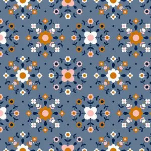 Fabric with a blue background and medallion illustrations. From "Smol" by Kimberly Knight for Ruby Star Society. 100% cotton for sewing, quilting, and crafting. 