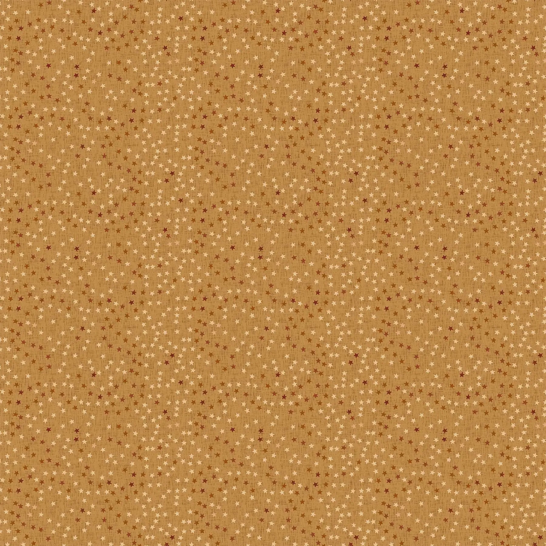 Fabric with a gold background and small star illustrations. From Calm Waters by FIGO Fabrics. 100% Cotton for quilting, sewing, and crafting.
