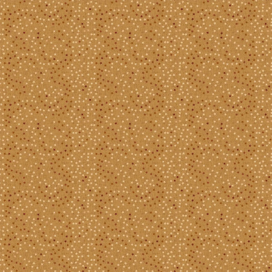 Fabric with a gold background and small star illustrations. From Calm Waters by FIGO Fabrics. 100% Cotton for quilting, sewing, and crafting.