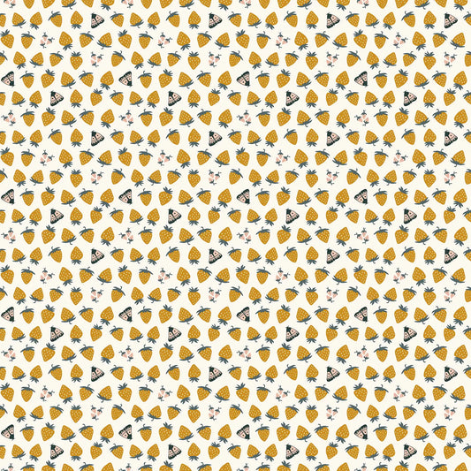 Fabric with a cream background and strawberry illustrations. From Martha by Figo Fabrics.  100% cotton for sewing and crafting. 