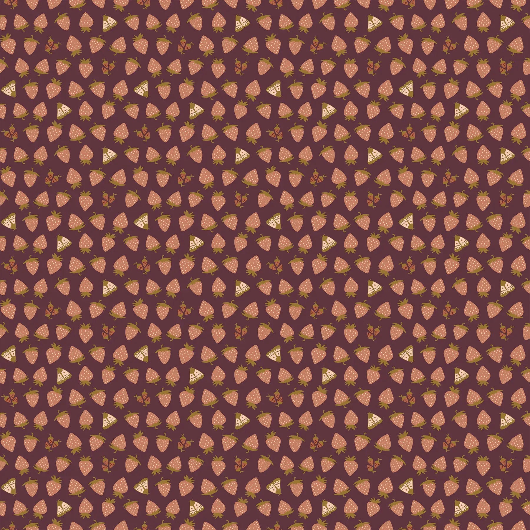 Fabric with a dark red background and strawberry illustrations. From Martha by Figo Fabrics.  100% cotton for sewing and crafting. 