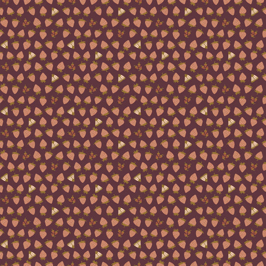 Fabric with a dark red background and strawberry illustrations. From Martha by Figo Fabrics.  100% cotton for sewing and crafting. 