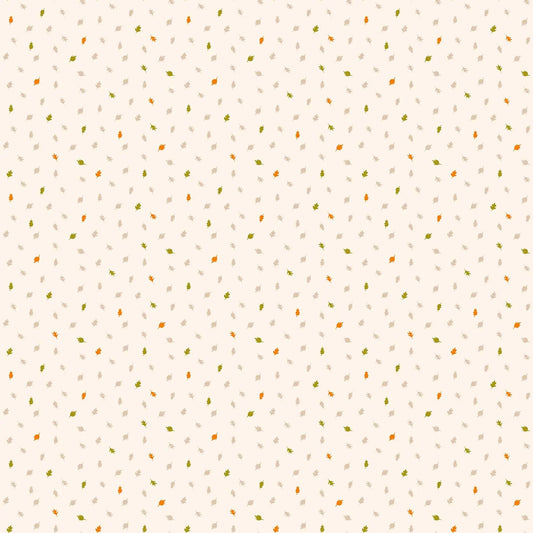 Fabric with a cream background and small ditsy leaf pattern. From Summers End line by Alison Janssen for FIGO Fabrics. 100% cotton for sewing, crafting, and quilting. 
