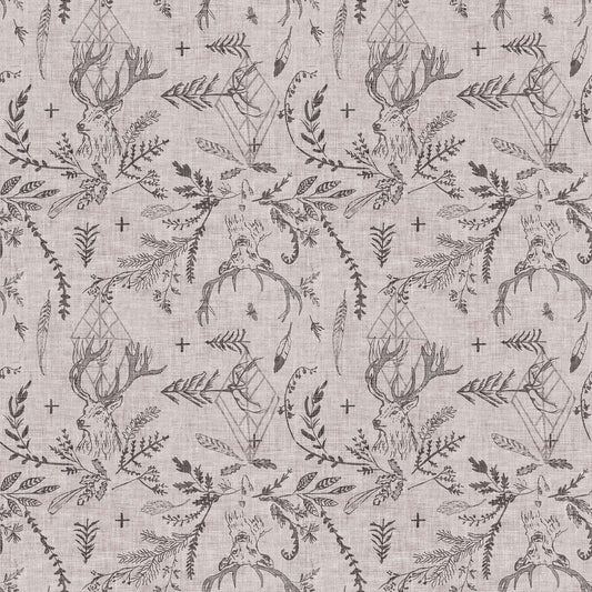 A taupe-colored cotton fabric with a floral and animal pattern. Esther Fallon Lau for Figo Fabrics. 100% Cotton for sewing and crafting.  