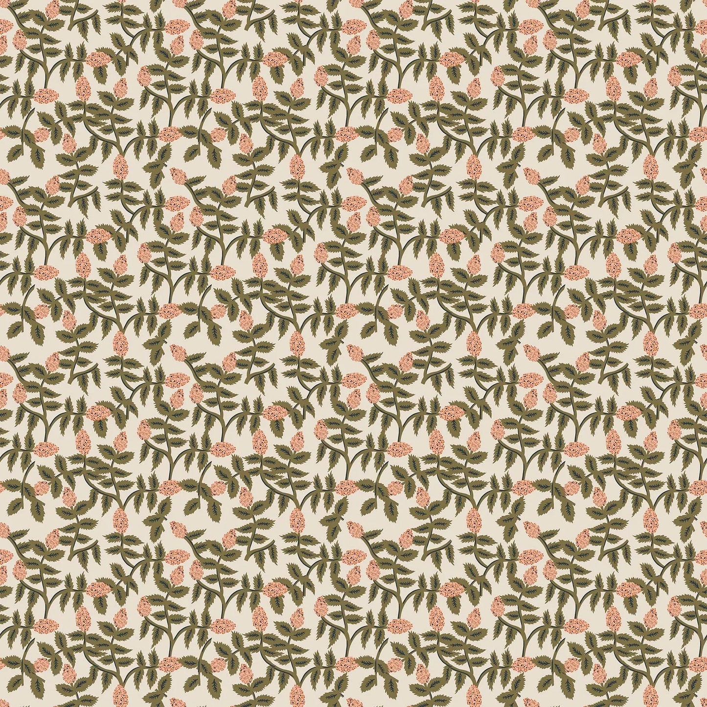 A fabric with a cream background and green and pink trellis design. From wild cottage collection figo fabrics fat quarter bundle.