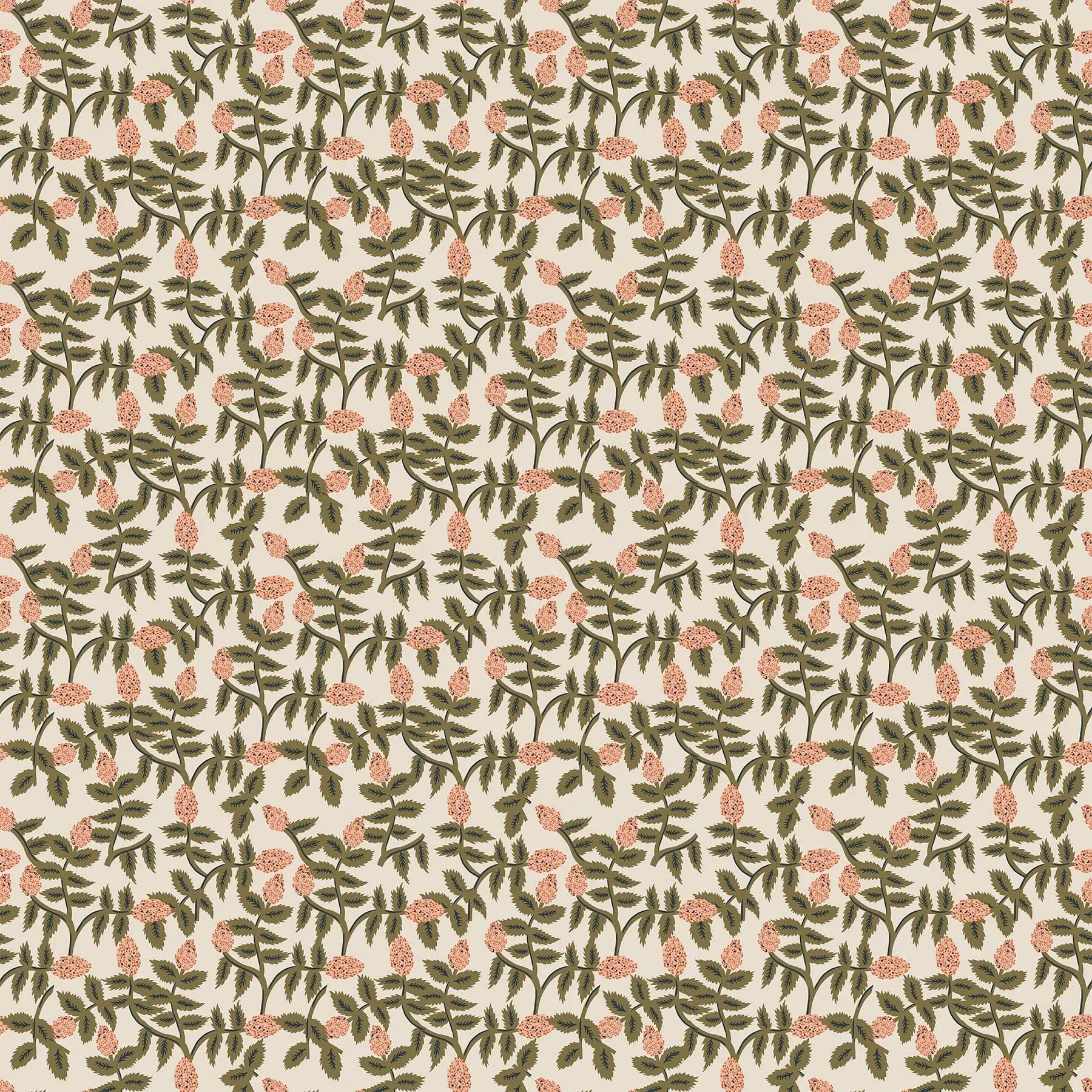 A fabric with a cream background and green and pink trellis design. From wild cottage collection figo fabrics fat quarter bundle.