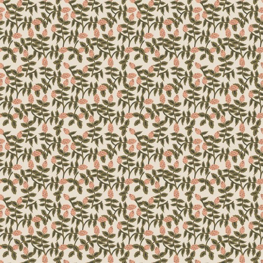 A fabric with a cream background and green and pink trellis design. From wild cottage collection figo fabrics fat quarter bundle.