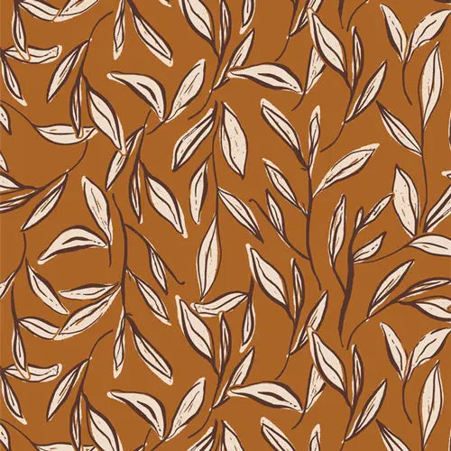 Rayon Fabric with a brown background and leaves vines illustrations. From 'Wild Forgotten' by 'Bonnie Christine' from Art Gallery Fabrics. 100% rayon for quilting and sewing.