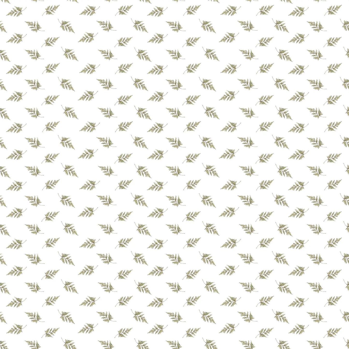 A fabric with a white background featuring a repeating pattern of black leaves. From Heavenly Hedgerow Figo Fabrics 100% cotton for sewing and crafting. 