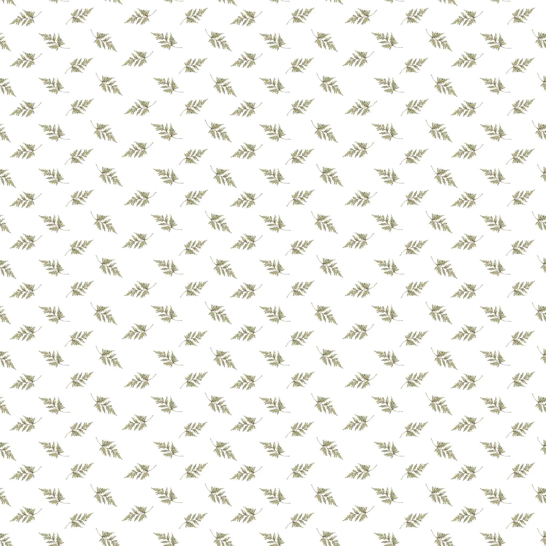 A fabric with a white background featuring a repeating pattern of black leaves. From Heavenly Hedgerow Figo Fabrics 100% cotton for sewing and crafting. 